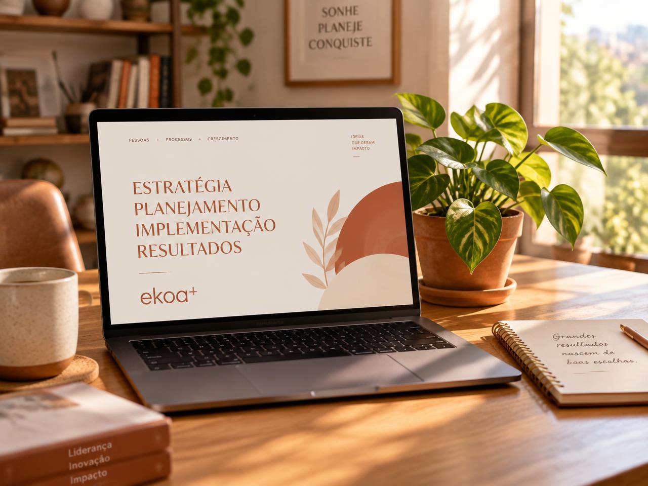 Notebook sobre mesa de madeira exibindo apresentação da Ekoa+ com as palavras Estratégia, Planejamento, Implementação e Resultados