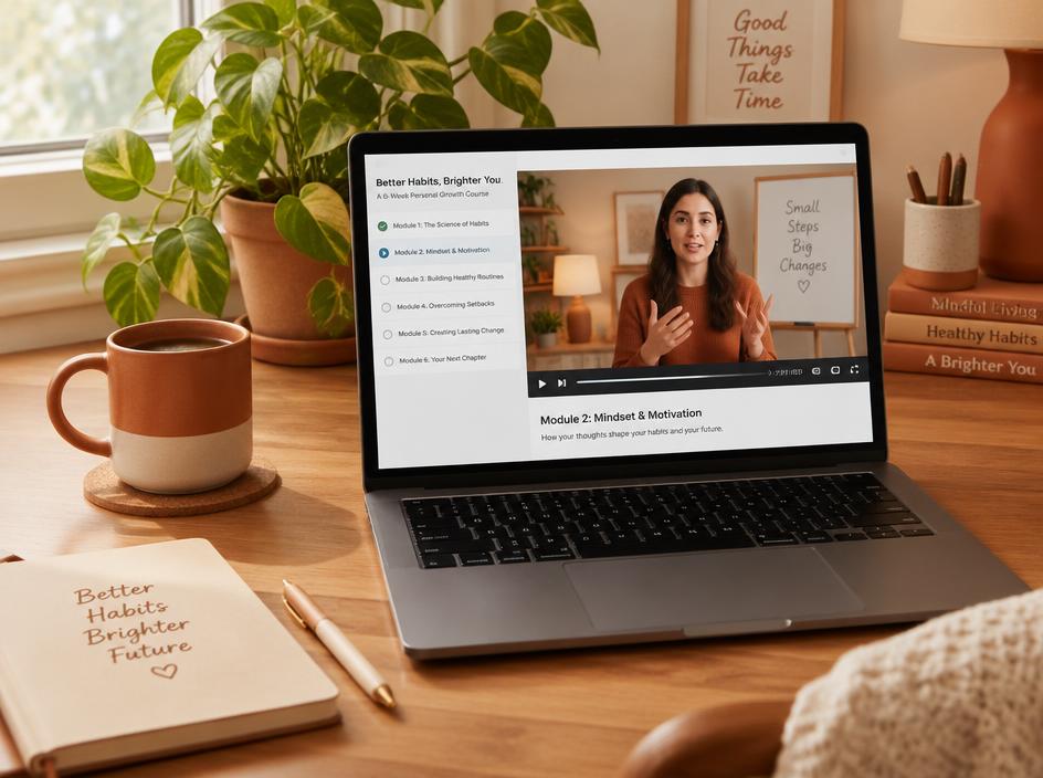 Notebook exibindo curso online em uma mesa aconchegante